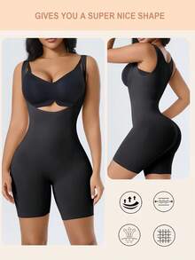 CELILIN 1pc Women's Seamless Body Shaper Jumpsuit, Open Bust Tummy Control Shaping, Wide Strap Butt Lift - Black - View 4