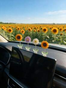 Cute Spring Swaying Flower Car Dashboard Ornament, Sunflower Daisy Purple Chrysanthemum Shaking Decoration, Adhesive Center Console Screen Top Car Interior Decor - A - View 5