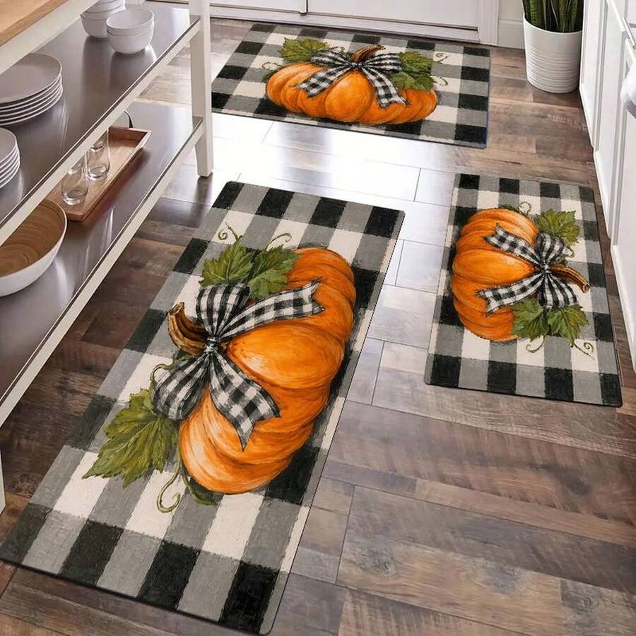 Kitchen Floor Mat Pumpkin With Buffalo Plaid Bow Flannel Material Non-Slip Comfortable Easy To Clean Perfect For Farmhouse Kitchen Or Living Room Decor Ideal Choice For Thanksgiving And Harvest Seasonal Use