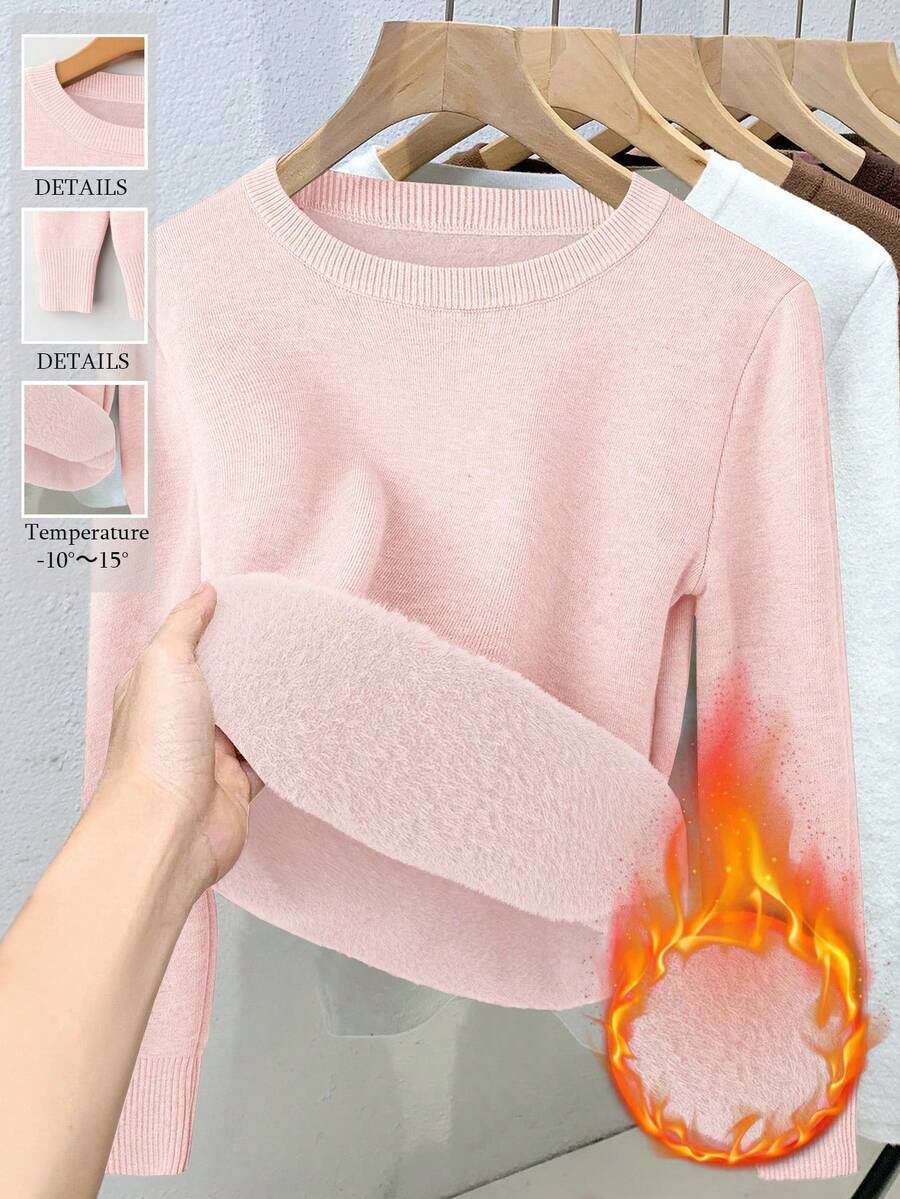Plus Size Women Thermal Tops - Rose Red - View 1