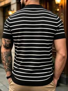 男士橫條紋短袖 Polo 衫，休閒經典版日常上衣 - 黑色 - 查看 3