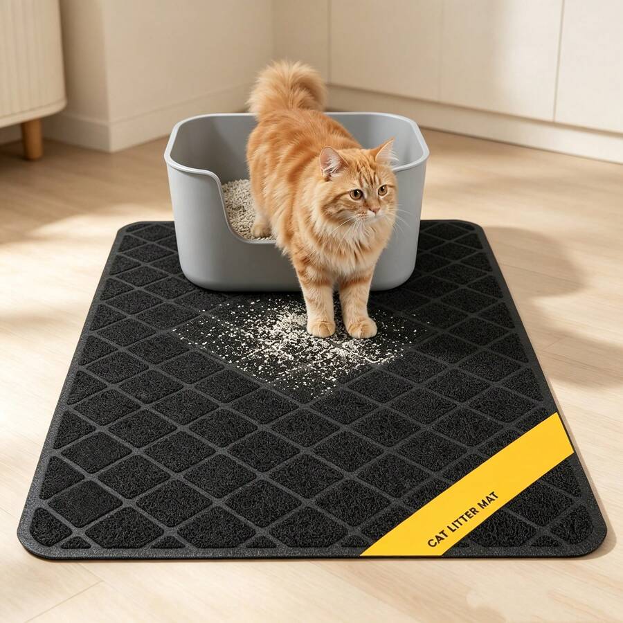 61 x 43 cm svart kattströmatta i rutnät, vattentät underlägg för kattlåda, ströuppsamlande design, lätt att rengöra - Svart - Visa 1