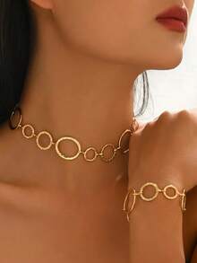 2pcs Fashion Elegant Asymmetrical Geometric Circle Necklace + Bracelet Set, Suitable For Daily Wear, Holiday Gifts, Casual Vacation - Yellow Gold - View 1