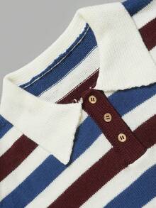 Women Ladies Fall Outfits Striped Polo Collar Knit Sweater, Half‑Button Long Sleeve Loose Cropped Pullover For Party Halloween Daily Vacation - Multicolor - View 4