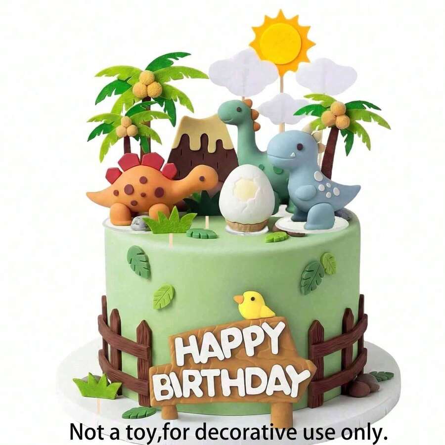 1 Set Dinosaur Cake Decorations, Dinosaur Coconut Tree Grass Sun Cloud Cake Decorations, Happy Birthday Cake Toppers, Suitable For Baptism, Gender Reveal Party, Dinosaur Theme Birthday Party Cake Decorations (Not A Toy, For Decoration Only, For Ages 14 And Up And Adults Only) - Multicolor - View 1