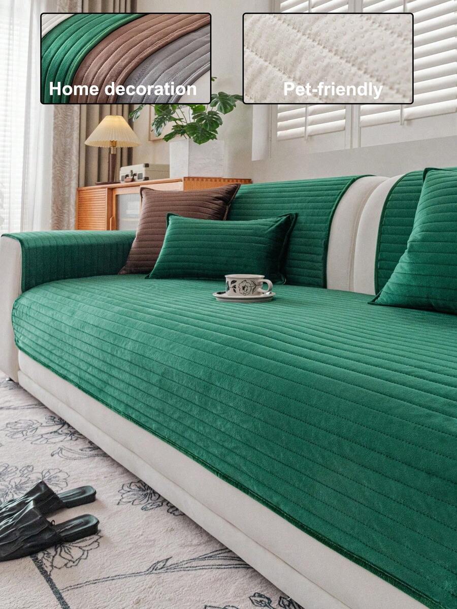 1pc Solid Color Ultrasonic Process Sofa Cover, 3D Striped Design Sofa Cushion Jacquard Quilted Craft, Warm And Soft, Pet-Friendly, Dirt-Resistant And Scratch-Resistant, Suitable For All Seasons, Applicable To Living Room, Bedroom, Outdoor, Suitable For 1/2/3/4 Seater Sofa Cover - Green - View 1