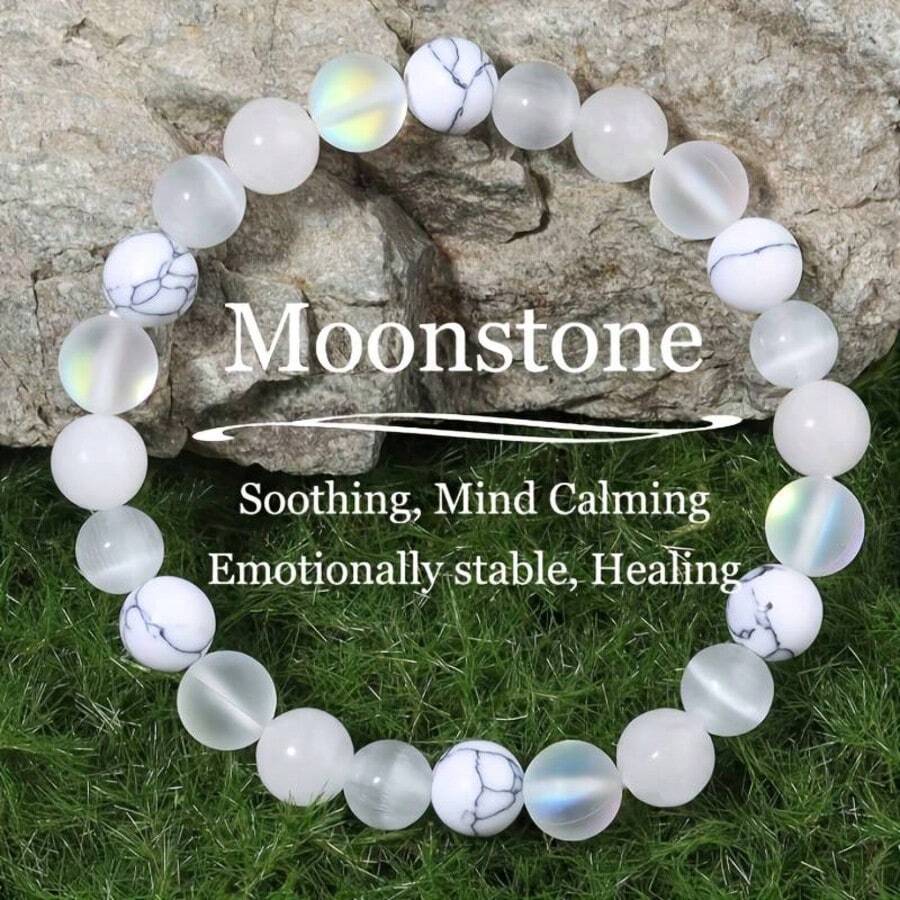 Unisex Bohemian Beaded Bracelet, Creative Faux Moonstone With White Turquoise And White Jade Spacer Beads, Fashionable Party Accessory, Perfect Holiday Gift For Christmas And New Year - Multicolor - View 1