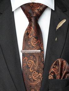 4‑Pcs Men Paisley Pattern Neck Tie Set, Jacquard Woven Necktie, Pocket Square, Tie Clip, Feather Lapel Pin For Wedding Business Formal Occasion - Multicolor - View 4