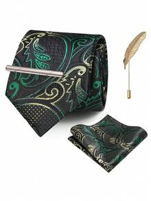4‑Pcs Men Paisley Pattern Neck Tie Set, Jacquard Woven Necktie, Pocket Square, Tie Clip, Feather Lapel Pin For Wedding Business Formal Occasion - Multicolor - View 19