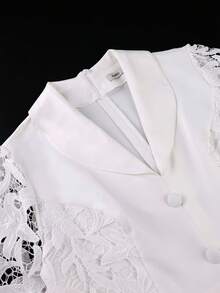 Plus Size White Hollow Floral Lace A Line Dress Lapel Collar Long Sleeve Button Accent Elegant Formal Church Wedding Guest Fall Outfit For Women - White - View 7