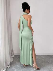 abyoxi Gaun Wanita Warna Hijau Mint dengan Leher Asimetris, Tali Bahu Panjang, Pita Pengikat Pinggang, Detail Kerutan Samping, dan Belahan Tinggi, Gaun Pas Badan, Warna Polos, Gaya Musim Panas Elegan dengan Belahan Hingga Paha - Mint Green - View 2