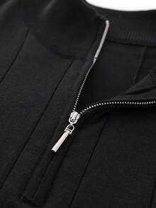 Sweater Lengan Panjang Polo Berkerah Klasik Pria dengan Resleting dan Detail Ribbed, Atasan Rajut Penting untuk Lemari Pakaian Musim Gugur/Dingin - Hitam - View 5