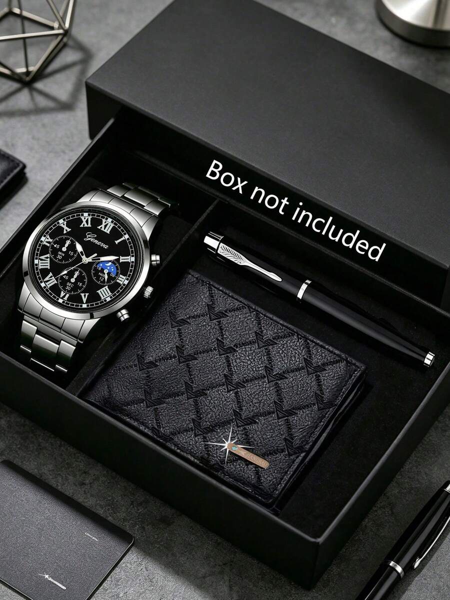 3PCS/1PC-Watch Optional Men's Silver Case Black Dial Wristwatch Set, Silver Metal Band, Light Luxury Style, Round Black Dial Roman Numeral Men's Luxury Watch, Paired With Diamond Quilted Men's Wallet And Business Pen, High-End Men's Accessories, Suitable For Summer Wear, Can Be Given As Father's Day, Valentine's Day, Birthday Gift, Luxury Gift For Boyfriend, Son, Adult Men. Gift Box Not Included. - Silver - View 1