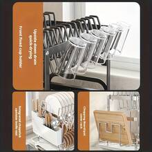 2-Tier Black Retractable Dish Rack, Suitable for Kitchen Countertops; Large Dish Rack Features a Pot Rack, Cup Rack, and Bowl Rack; Ideal for Use on Kitchen Countertops and Over Sinks; High-Capacity Storage Rack with Drain Tray - Übersicht 8