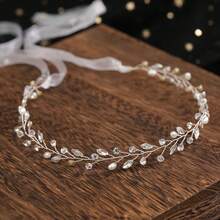 Bridal Wedding Handmade Pearl & Crystal Soft Chain Headband With White Tulle Ribbon Hair Accessory - White - View 4