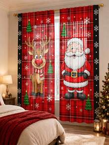 2Pcs Cartoon Santa Claus & Red Nose Reindeer Curtains, Red Plaid Winter Print Pattern, Holiday Window Decor, Semi-Sheer Rod Pocket Curtains, Suitable For Living Room And Bedroom, Rod Not Included, Living Room Christmas Curtains - Cartoon - View 10