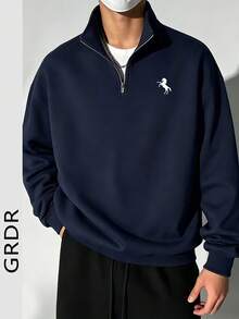 GRDR Sudadera ligera de estilo casual de negocios azul marino con media cremallera y cuello alto, estampado minimalista de caballo blanco en el pecho izquierdo, top de manga larga tipo pullover - Azul Marino - Ver 2