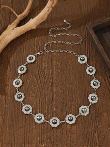 1件女款波希米亞風花朵造型彩色水鑽連環腰鍊，銀色可調節延長鍊裝飾金屬腰帶，適合搭配洋裝 - 彩色 - 查看 5