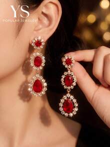 1 Pair High-Quality Fully Rhinestone Earrings, Long Fashionable Fully Rhinestone Earrings, Festive Christmas Earrings For Women - Red - View 3