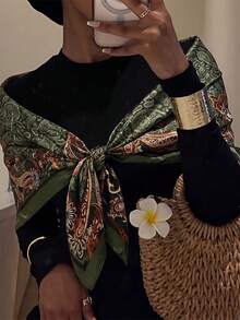 1件粉色簡約印花緞面方巾，春季新款女式時尚髮飾圍巾，可用作腰帶、緞帶、髮帶或頭巾 - 墨綠色 - 查看 5