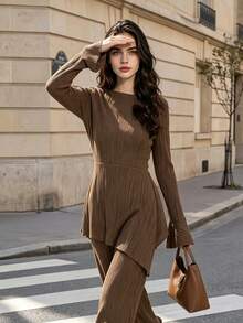 Women Fall Pleated Long Flare Sleeve Top, Round Neck Asymmetrical Ruffle Hem Blouse Autumn Outfits For Women - Coffee Brown - View 8