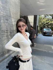Women's Autumn Atmosphere Cashmere Slim Fit Flattering Base Layer Top - Beige - View 5