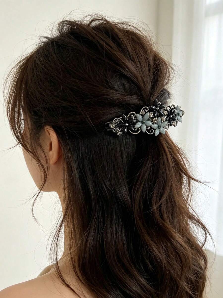 1pc Elegant Vintage New Design Rhinestone Spring Hair Clip Ponytail Hair Accessory Minimalist Back Of Head Hair Clip Suitable For Daily Wear, Festivals, Braided Hair, Half-Up Hairstyle, Perfect Gift For Family And Friends