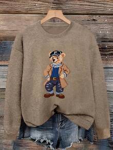 Women's Long Sleeve Crew Neck Sweater With Cute Fashion Bear Print, Perfect For Daily Commute - Earth Gray - View 3