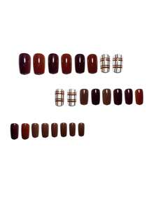 24PCS Autumn/Winter Caramel Brown & Milk Coffee Plaid Wearable Nails, Medium Square Shape, Skin-Flattering Handmade Press-On False Nails, Removable Nail Stickers - Mocha Brown - View 3