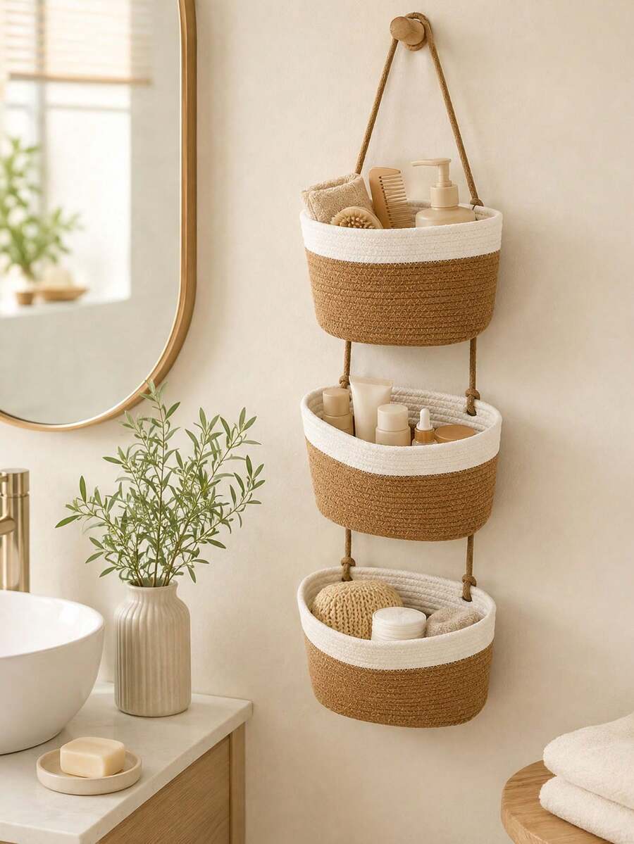 1pc 3-Tier Bohemian Style Wall-Mounted Bathroom Storage Basket, Large Capacity Space-Saving Design, Can Store Towels, Toiletries, Books, Remote Controls And Home Supplies - Multicolor - View 1
