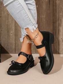 Women's Bow Mary Jane Shoes, Single Strap Buckle Low Chunky Heel, Preppy Vintage Shoes - Black - View 4