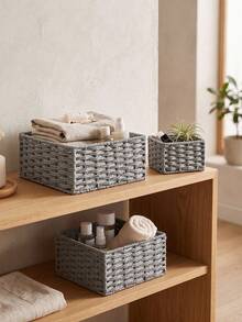Hand‑Woven Storage Baskets 1PC/3PCS S+M+L Set, Multifunctional Desktop Organizer Trays, Rattan‑Style Woven Basket For Cosmetics Keys Snacks, Decorative Storage Bin For Bedroom Living Room Study Office, Home Decor Gift Basket For Household Tidy‑Up - Grey - View 3