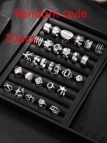 5/10/15/20/30pcs Silver Stainless Steel Men's Ring Set, Random Styles Including Cross Star Rings, Geometric Pattern Rings, Star Rings, Cross Rings, Halloween Gift, Suitable For Daily Wear - Silver - View 4