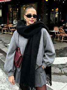1pc Women's Long Solid Color Plush Scarf, Winter Warm Neck Protection, Black Thick Shawl-Style Tassel Warm Scarf - Black - View 3