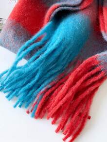 1PcWomen Fuzzy Mohair Texture Plaid Fringe Scarf, Oversized Color Block Check Winter Warm Neck Wrap Shawl - Red and Blue - View 7