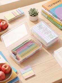1pc Custom Text Transparent Pencil Box, Personalized Stationery Organizer, Cute Gingham Striped Pattern Hard Plastic Pencil Case, Back To School Supplies - Multicolor - View 3