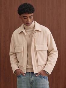 Teen Boys Vintage Street Style Zip-Up Hoodie, Loose Drop Shoulder Zip-Up Sweatshirt - Apricot - View 6