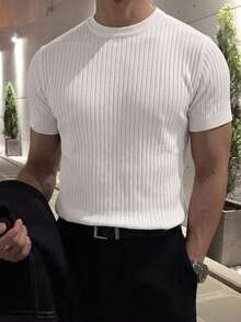 Men's Solid Color Vertical Ribbed Crew Neck Short Sleeve Knit Slim Fit Textured Casual Base Layer Top, Summer - White - View 6