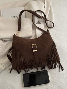 2026 New Suede Fringe Tote Handbag For Women, Chic Square Clasp Shoulder Bag, Crossbody Bag - Coffee - View 5