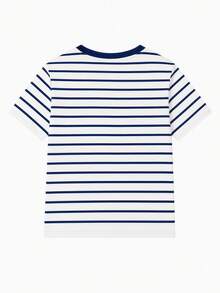 Navy Striped Pony Print T-Shirt, Fashion Minimalist Contrast Collar Casual Tee, Commuting Style Office, Spring And Summer White - White - View 4