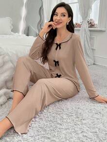 Women's Fashion Lace Trim Patchwork Bow Long Sleeve Pants Loungewear Set, Spring Summer Autumn - Khaki - View 2