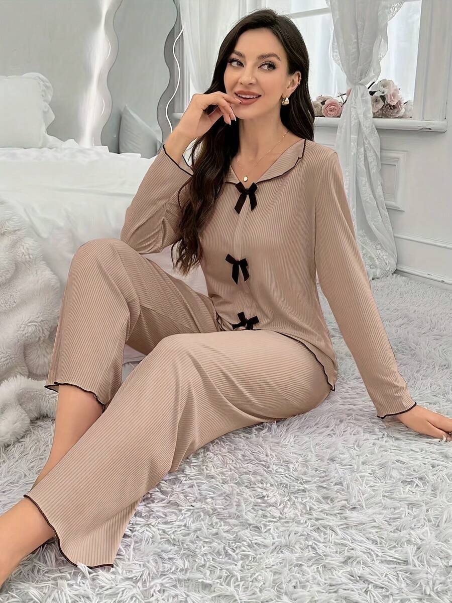 Women's Fashion Lace Trim Patchwork Bow Long Sleeve Pants Loungewear Set, Spring Summer Autumn - Khaki - View 1