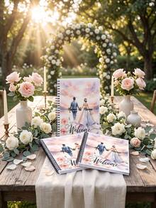 1pc Custom Photo And Text Spiral Notebook, Watercolor Bride And Groom Sunset Pattern Wedding Guest Book, Custom Couple Welcome Hardcover Journal, Romantic Keepsake Memory Book For Wedding Engagement Bridal Shower Gift - Multicolor - View 3