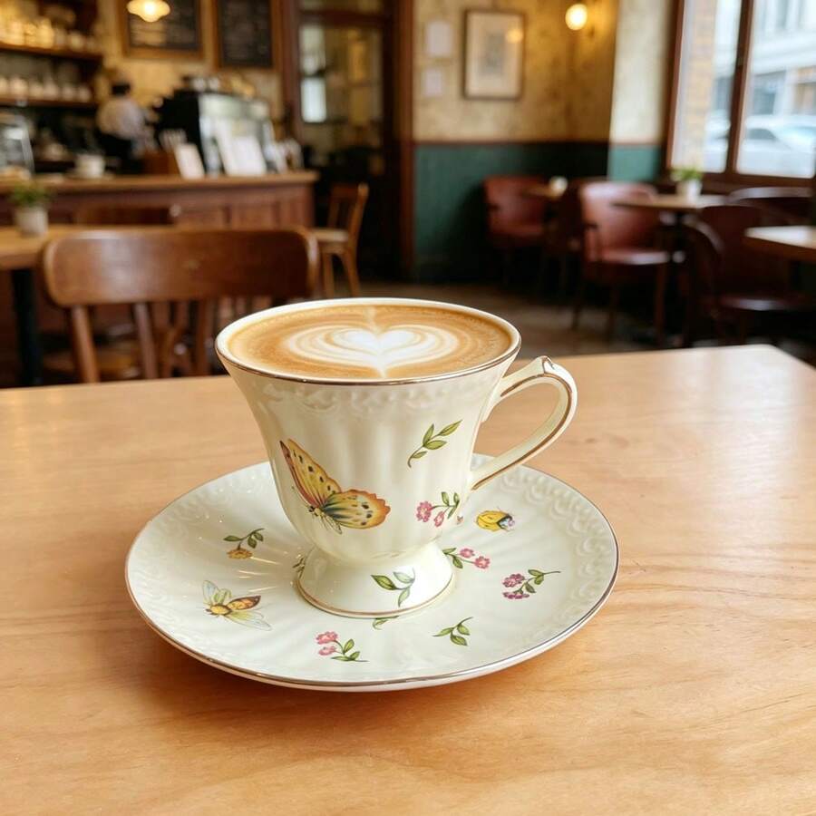 180ml Gold Rim Afternoon Tea Ceramic Cup And Saucer Set, Coffee Cup And Saucer With Insect And Floral Pattern - Insect Pattern - View 1
