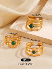 3pcs/Set Stainless Steel 18K Gold Plated Fashion Green Malachite Sun Ring Set Suitable For Women Daily And Holiday Wear - Multicolor - View 2