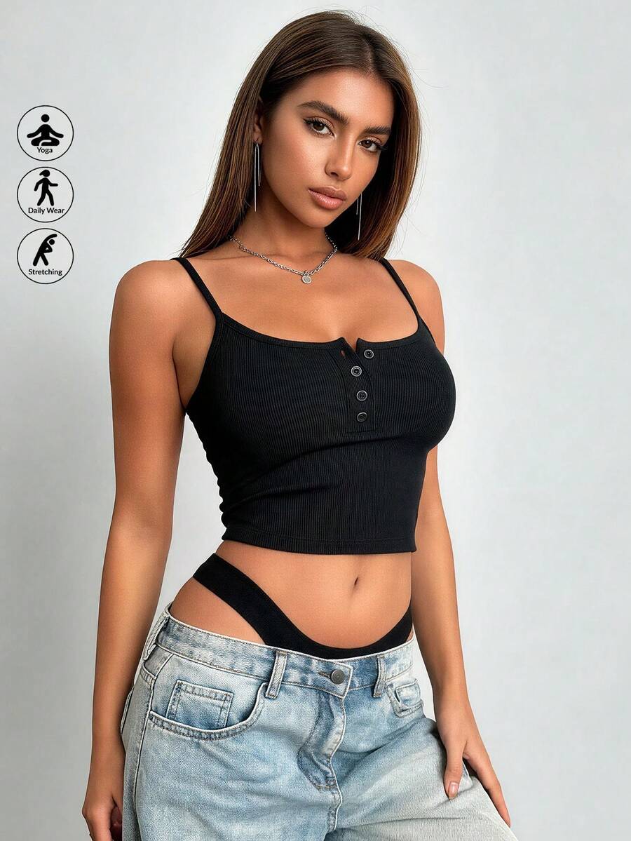 Runway Rest 1件基本款休闲舒适女士带衬垫纽扣吊带背心,修身短款罗纹打底衫 - 黑色 - 查看 1