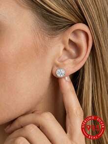 1 Pair S925 Sterling Silver Round Moissanite Stud Earrings, D Color Shiny Faux Diamond Earrings, Exquisite Jewelry For Daily Wear, Party, Wedding, Engagement, Perfect Gift For Girlfriend And Mother - Style B - Gold - View 9