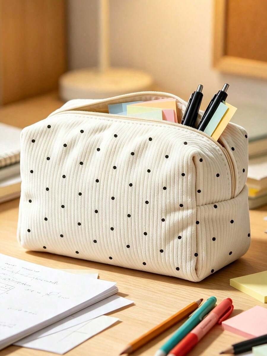 Campus Style Polka Dot Pencil Case/Stationery Storage Bag - Multi-Functional Large Capacity Design, Can Be Used To Store Office Supplies, Creative Multi-Purpose Pencil Box Or Portable Travel Makeup Bag, Suitable For Students And Adults Daily Use. Stripe Direction And Polka Dot Density Random - Multicolor - View 1