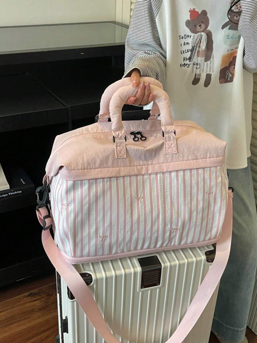1pc Pink White Stripe Travel Duffel Bag, Bow Embroidery Large Capacity Weekend Bag, Detachable Shoulder Strap Gym Tote For Women - Pink - View 1