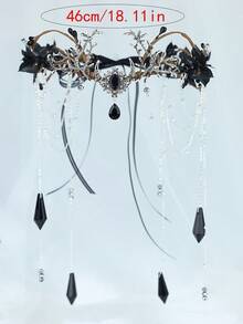 Gothic Black Rose Gold Leaf Sheer Butterfly Floral Crown, Adjustable Ribbon, Dark Romantic Bridal Headpiece, Halloween Wedding Cosplay Hair Accessory - Multicolor - View 8
